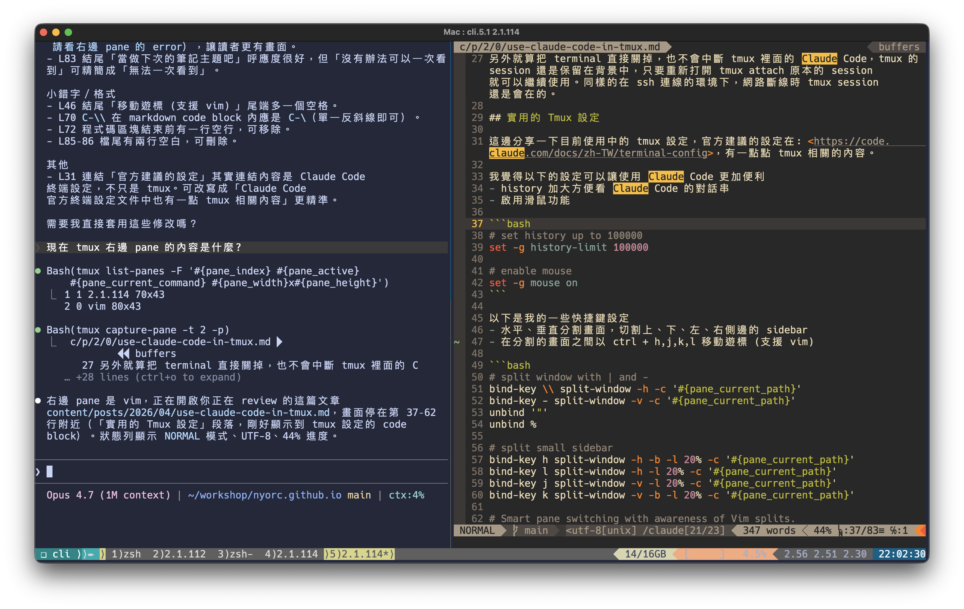 左邊 Claude Code、右邊 vim 的 tmux 分割畫面